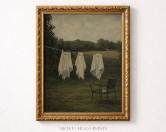 Vintage Ghosts on Clothesline Wall Art | Spooky Halloween Decor | Moody Autumn Art | Rustic Cottagecore Print #1 | MAILED Print
