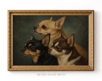 Vintage Chihuahua Hollywood Regency Wall Art | Antique Dog Portrait Decor | Fawn Chihuahua Trio Oil Painting Print | MAILED Print