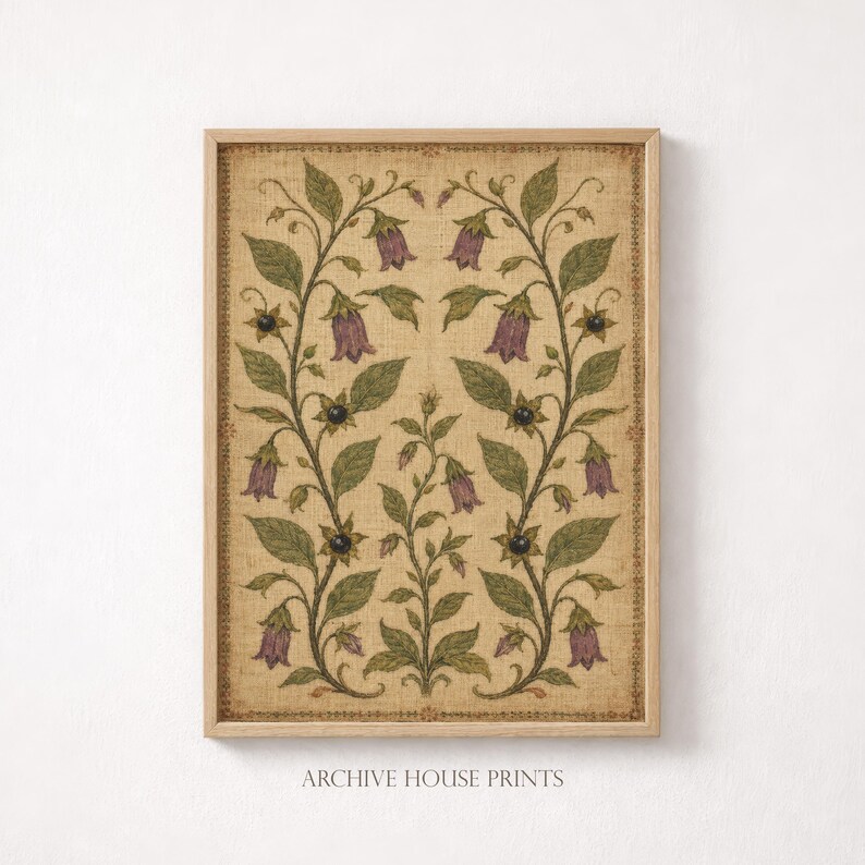 May include: A rectangular wall art print featuring a symmetrical botanical illustration of purple bell-shaped flowers and green leaves on a textured beige background, enclosed in a light wood frame with the text Archive House Prints below.