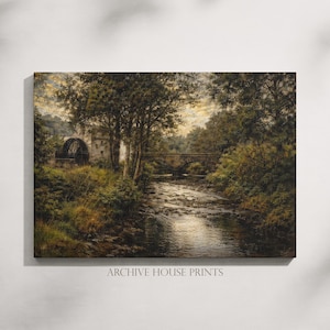 Vintage Rustic Watermill River Bridge Landscape Wall Art Print | Country Mill Stream Scene, Living Room Art, PRINTABLE Digital Download