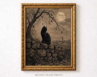 Vintage Black Cat Wall Art | Dark Academia Decor | Full Moon Halloween Gothic Cat Print | MAILED Print