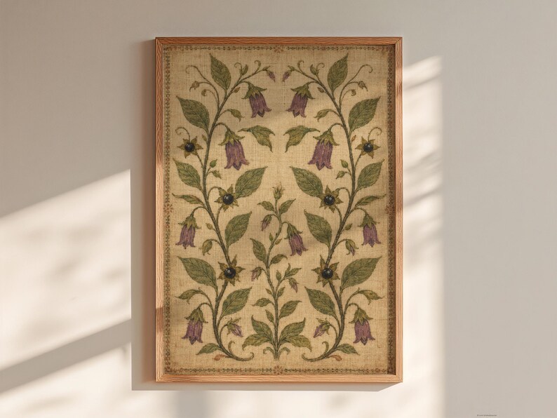 May include: A rectangular framed wall art piece featuring a symmetrical botanical illustration on a textured beige background. The design displays two mirrored climbing vines with green leaves, purple bell-shaped flowers, and small dark berries.