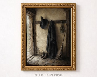Vintage Witch Hat Halloween Wall Art | Moody Dark Academia Decor | Robe and Broom Rustic Autumn Cottagecore Print #2 | MAILED Print