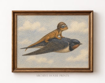 Vintage Newt Riding Bird Wall Art | Whimsical Nursery Decor | Storybook Animal Fantasy Print | MAILED Print