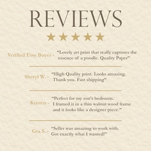 May include: A beige graphic featuring the word REVIEWS in large brown letters above five gold stars. Below are four customer testimonials from Verified Etsy Buyer, Sheryl W., Kristen, and Gra S. regarding an art print, framed in walnut wood.