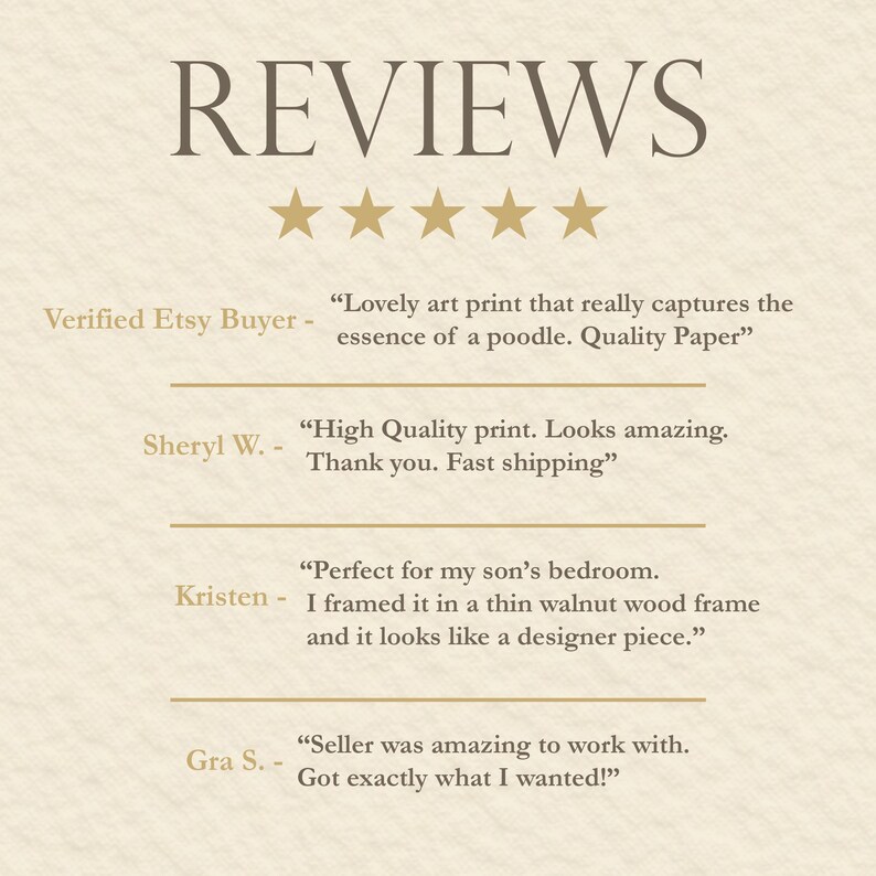 May include: A beige graphic featuring the word REVIEWS in large brown letters above five gold stars. Below are four customer testimonials from Verified Etsy Buyer, Sheryl W., Kristen, and Gra S. regarding an art print, framed in walnut wood.