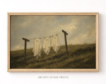 Vintage Ghosts on Clothesline Wall Art | Spooky Halloween Decor | Moody Autumn Art | Rustic Cottagecore Print #3 | MAILED Print
