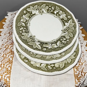 Może przedstawiać: Stos trzech ceramicznych talerzy z zielono-białym botanicznym wzorem. Talerze mają centralny biały okrąg otoczony obramowaniem z zielonych liści, winogron i jagód. Talerze są ułożone na białej lnianej serwetce.