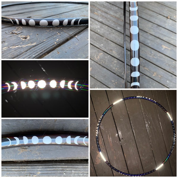 Lunar Phases- Black taped hoop with REFLECTIVE moon phases -polypro or HDPE -clear protection tape and optional grip tape included