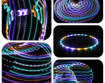 May include: A collage of four images showing a person spinning a multi-colored LED hoop. The hoop is lit with white, orange, green, and purple lights. The hoop is spinning in different directions and creating a variety of patterns.