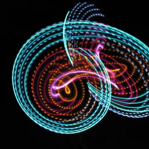 May include: Abstract light painting with swirling lines in blue, green, pink, and orange colors.