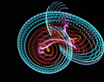 May include: Abstract light painting with swirling lines in blue, green, pink, and orange colors.