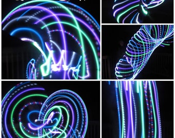 May include: A collage of images showing a person performing with LED hoops. The hoops are creating colorful light trails in the dark. The text "Queen Elsa" is visible in the top left corner of the image.