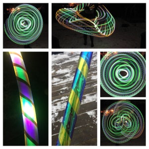 Puede incluir: Un collage de imágenes que muestran una variedad de aros LED. Los aros están hechos de un material plástico transparente y tienen luces LED de colores que crean una variedad de patrones. Los aros se muestran en diferentes posiciones, incluyendo girar y girar. Los aros son una forma divertida y emocionante de agregar un toque de color y luz a cualquier evento.