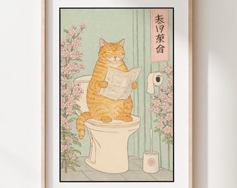 Funny Cat Bathroom Art Print, Japanese Style Cat Illustration, Ginger Cat Wall Art, Cherry Blossom Cat Poster