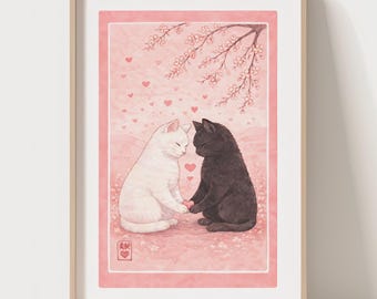 Valentine Cat Wall Art Print, Custom Couple Cats, Japanese Style Romantic Gift