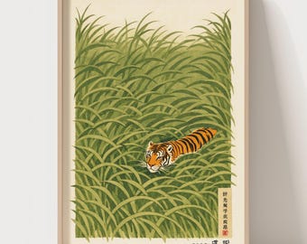Japanese Minimalist Tiger Art Print, Ukiyo-e Grass Illustration, Japandi Wall Art