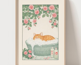 Japanese Cat Bathroom Wall Art Print – Ukiyo-e Style Cat Bath Illustration