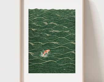 Koi Fish Japanese Wall Art, Green Wave Woodblock Style, Japandi Zen Wall Decor