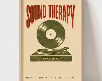 Sound Therapy Print – Retro Vinyl Music Poster, Minimalist Mid Century Record Wall Art, Trendy Bar & Home Decor