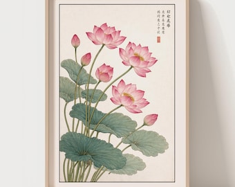 Pink Lotus Wall Art Print, Japandi Decor, Japanese Botanical Art, Zen Wall Decor, Traditional Ukiyo-e Botanical Poster, Minimalist Print