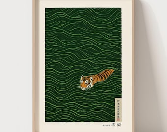 Japanese Tiger Wall Art, Green Japandi Print, Nature Inspired Minimalist Animal Artwork, Vintage Ukiyo-e Style Wall Art