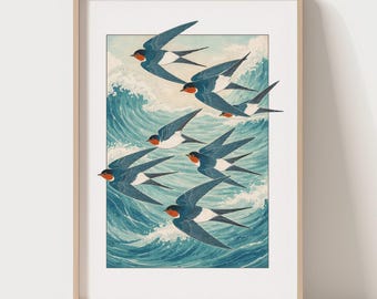 Japanese Swallow Bird Art Print, Ukiyo-e Ocean Wave Wall Art, Japandi Decor