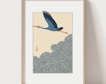 Japanese Crane Wall Art, Vintage Japanese Style Illustration, Minimalist Nature Decor, Serene Bird Art Print