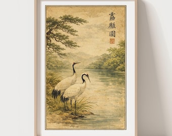 Japanese Crane Art Print, Vintage Ukiyo-e Nature Illustration, Serene Lake Bird Wall Art, Japandi Decor