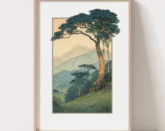 Japanese Forest Art Print, Vintage Landscape Illustration, Tree Wall Art, Minimalist Nature Home Decor