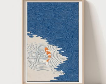 Japanese Koi Fish Wall Art Print, Blue Water Ripples, Minimalist Zen Decor, Japanese Style Illustration, Koi Pond Art, Calm Aesthetic Poster