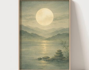 Japandi Abstract Moon Wall Art Print, Zen Landscape Japanese Decor, Minimalist Neutral Poster, Scandinavian Boho Earth Tone Artwork