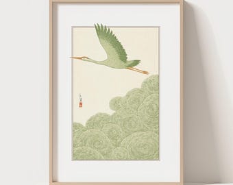 Green Japanese Crane Art Print, Vintage Woodblock Bird Wall Decor, Minimalist Japandi Nature Poster