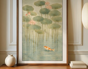Japanese Lotus & Koi Japanese Botanical Art On Blue Pond | Zen Decor Print