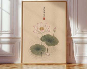 Japanese Lotus Wall Art Print, Japandi Minimalist Decor, Neutral Zen Botanical Artwork, Vintage Asian Style Poster, Calm Aesthetic Decor