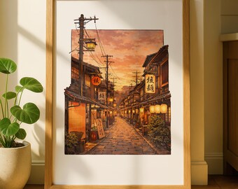 Japanese Street Art Print, Vintage Lantern Alley Illustration, Ukiyo-e Style Sunset City, Japandi Wall Art