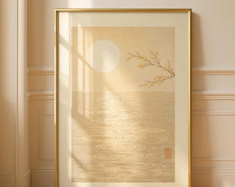 Japandi Sun Wall Art, Minimalist Ocean Sunset Print, Japanese Style Neutral Decor, Beige Aesthetic Wall Art, Calm Water Reflection Poster
