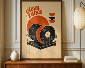Clean Tunes Retro Music Print, Vinyl Record Wall Art, Mid Century Modern Poster, Funk Disco Jazz Room Decor