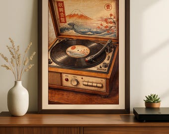 Japanese Vintage Record Player Art Print, Ukiyo-e Wave Turntable Illustration, Retro Japandi Wall Decor