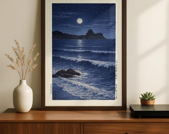 Moonlit Japanese Seascape Print – Ukiyo-e Style Ocean Wall Art, Night Wave Artwork, Japanese Woodblock Inspired Decor