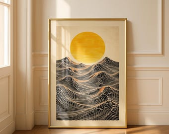 Golden Sun and Waves Wall Art Print, Modern Minimalist Ocean Poster, Bold Contemporary Home Decor, Abstract Japanese Style Artwork