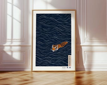 Japanese Minimalist Tiger Swimming Print, Vintage Ukiyo-e Style Wall Art, Minimalist Animal Poster, Asian Inspired Tiger Decor