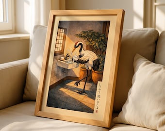 Japanese Crane Bathroom Wall Art Print, Vintage Woodblock Style, Funny Wash Hands Poster, Japandi Minimalist Decor