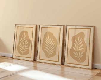 Neutral Botanical Wall Art Set of 3, Beige Plant Prints, Minimalist Wall Decor, Organic Modern Artwork, Boho Gallery Wall