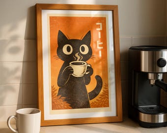 Black Cat Coffee Wall Art Print | Retro Cat Poster | Vintage Style Cat Illustration | Cozy Kitchen Decor | Cat Lover Gift