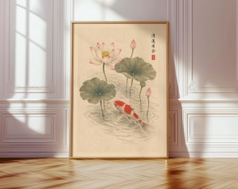 Koi Fish Lotus Wall Art Print, Japanese Japandi Decor, Zen Pond Artwork, Minimalist Neutral Asian Wall Art, Calming Home Decor