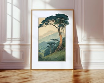 Japanese Forest Art Print, Vintage Landscape Illustration, Tree Wall Art, Minimalist Nature Home Decor