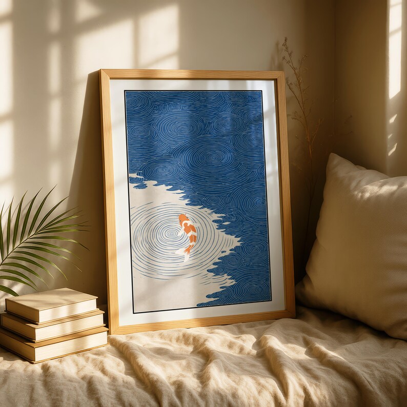 Japanese Koi Fish Wall Art Print, Blue Water Ripples, Minimalist Zen ...