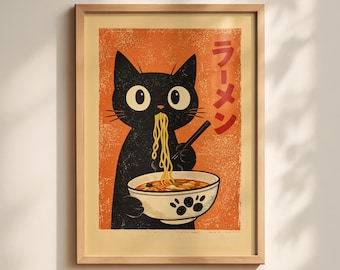 Funny Ramen Cat Wall Art, Japanese Style Cat Print, Cute Food Illustration, Kitchen Decor Gift