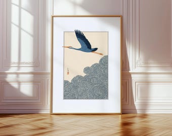 Japanese Crane Wall Art, Vintage Japanese Style Illustration, Minimalist Nature Decor, Serene Bird Art Print